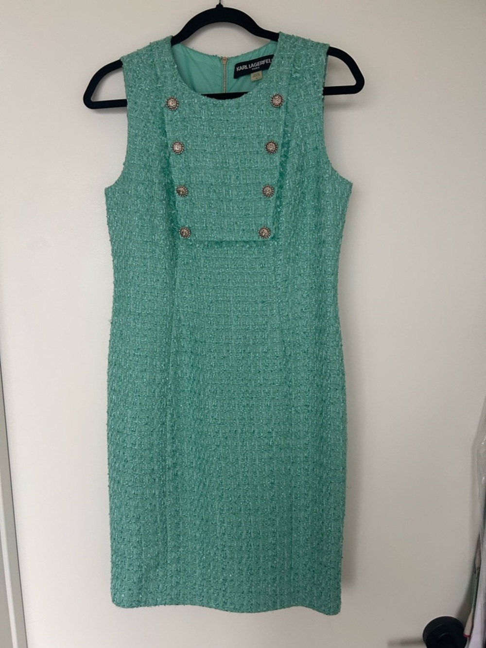 Karl Lagerfeld Mint Green Tweed Sleeveless Shift Dress